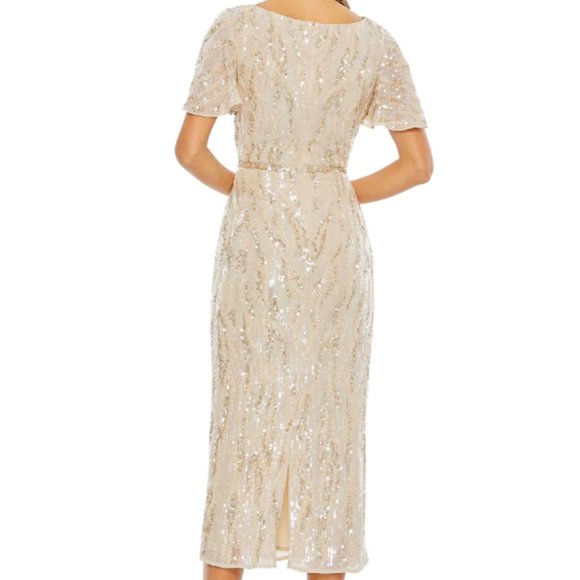 MAC DUGGAL 93591 SEQUINED V-NECK FLUTTER SLEEVE OYSTER SHEATH MIDI DRESS sz 4 - Picture 2 of 5